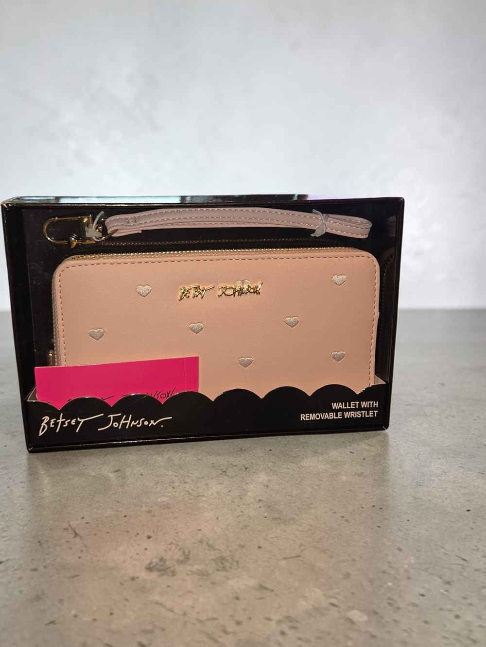 Betsey Johnson Blush Pink Heart Accent Zip Wallet with Removable Wristlet, NIB